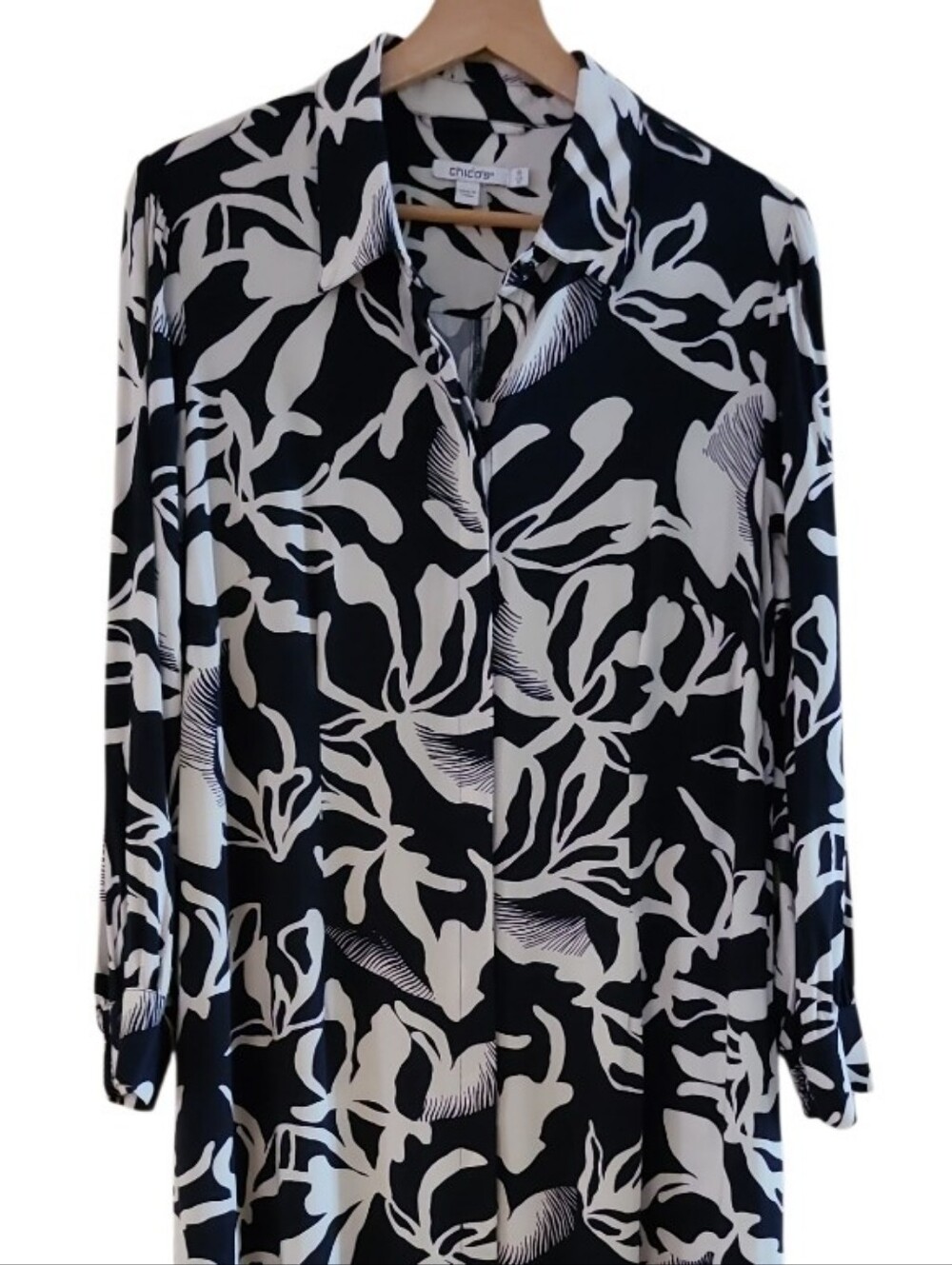 Chico's Foiliage Maxi Shirt Button-Front Dress Black White Longsleeve Pockets - Picture 5 of 17